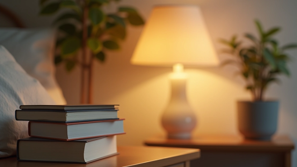Bedroom nightstand with books stacked, lamp, empty charging dock, plants, soft warm lighting, peaceful aesthetic