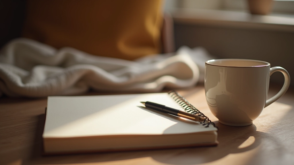 Cozy setup with journal, pen, warm beverage, and soft blanket on a table