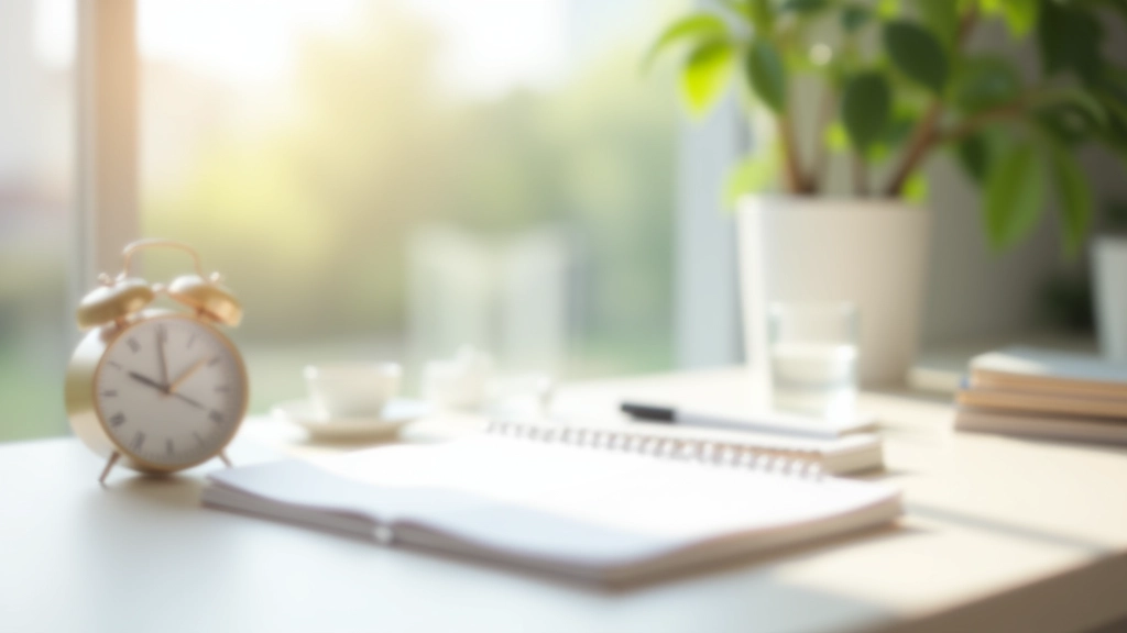 Analog wall clock showing 10:10, minimal desk workspace with notebook, pen, and glass of water, bright natural window light