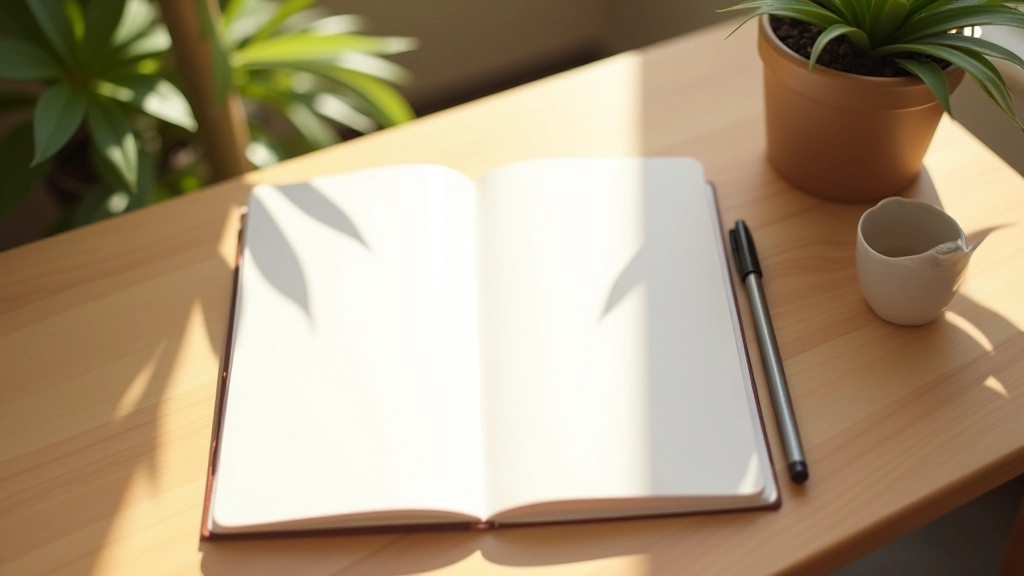 Open notebook with pen on wooden desk, morning coffee cup, plant, natural light casting shadows, clean workspace