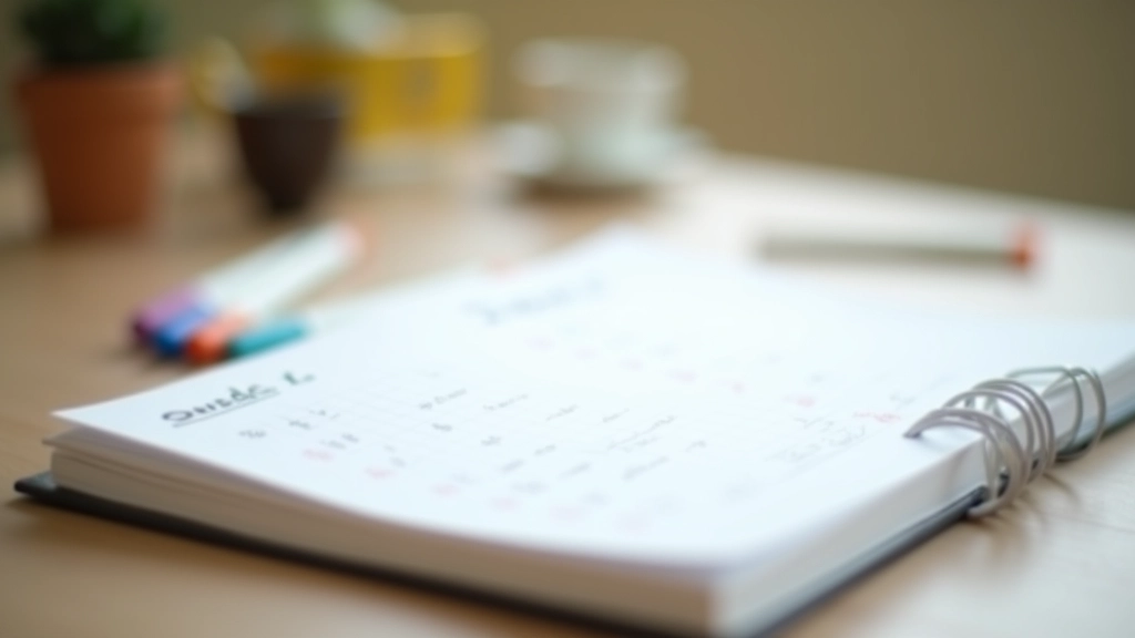 Notebook with time blocking schedule and colored markers, organized planning system on wooden desk