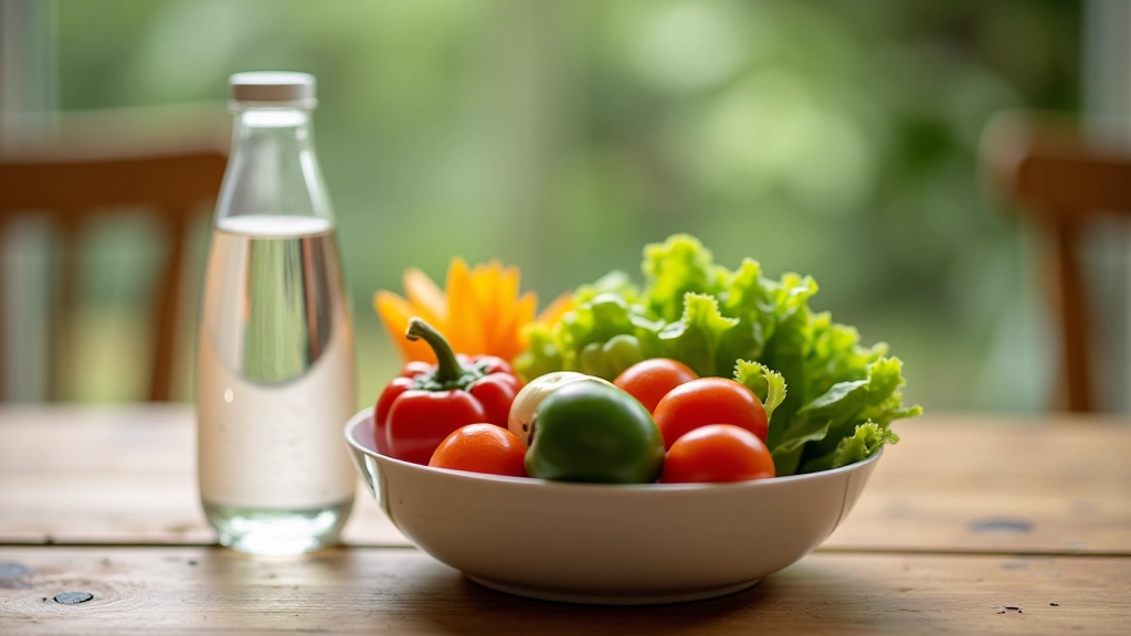 Healthy lunch bowl with vegetables and water bottle on table, nutritious meal setup