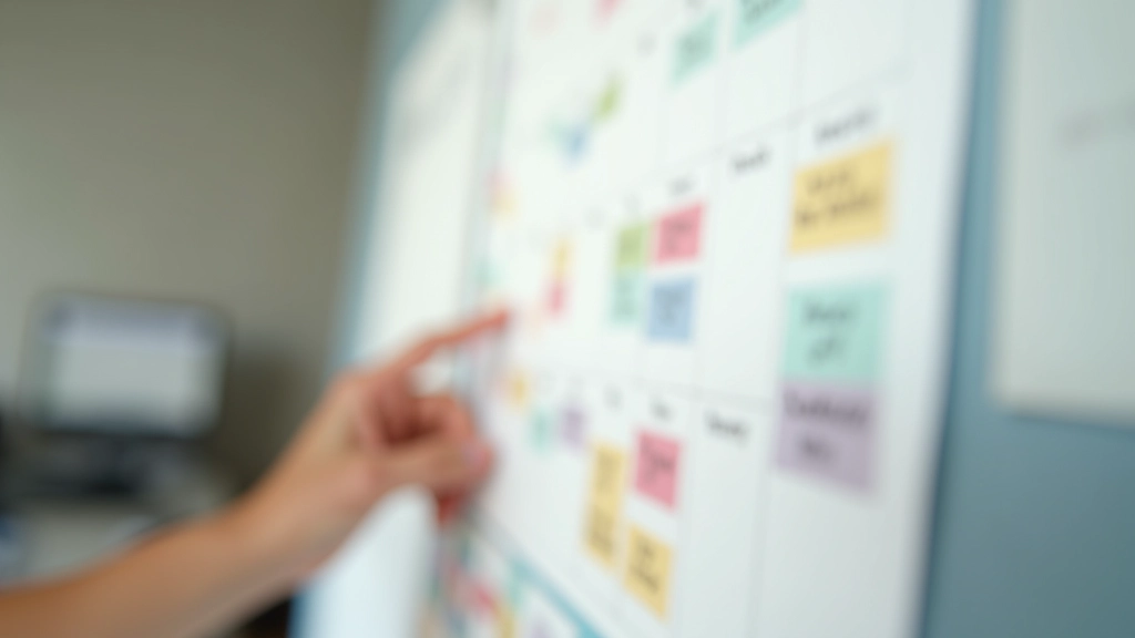 Person looking at wall calendar with clear time blocks marked for work and personal time