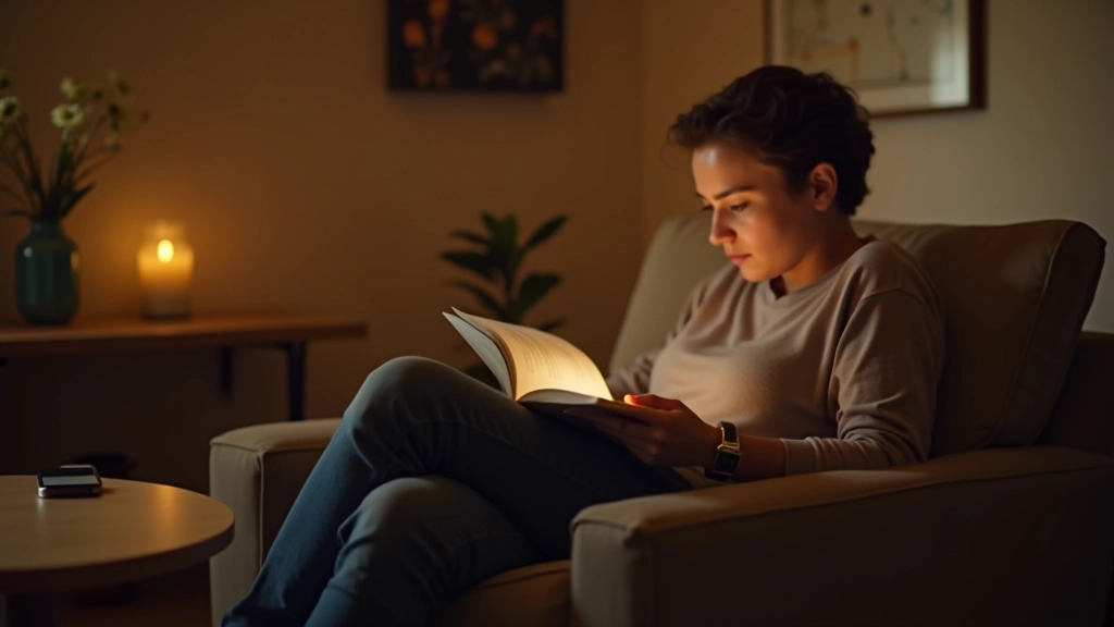 Person at home in evening, phone face-down on table while they read a book