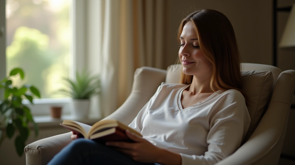 Person reading a book in a comfortable armchair, afternoon light through window, calm home environment