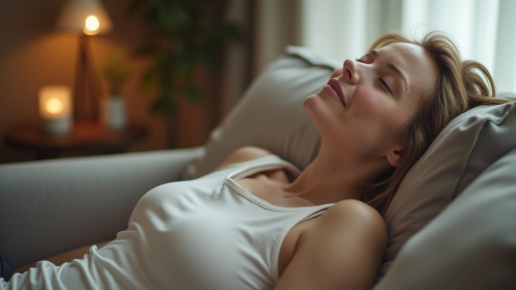 Person relaxing on couch with legs up, peaceful home environment, soft natural lighting