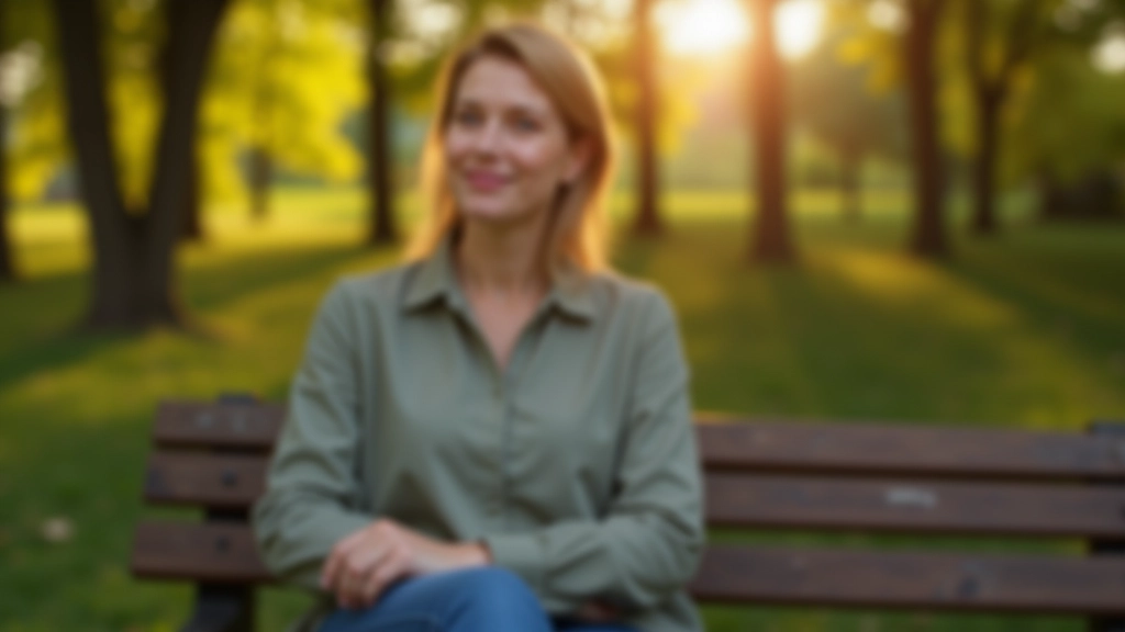 Person sitting outdoors on a bench in nature, peaceful morning light, serene landscape background