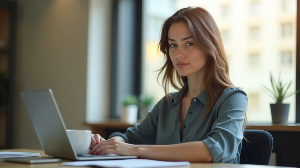 Person sitting at desk during morning light, focused and energized, natural morning lighting in modern office workspace