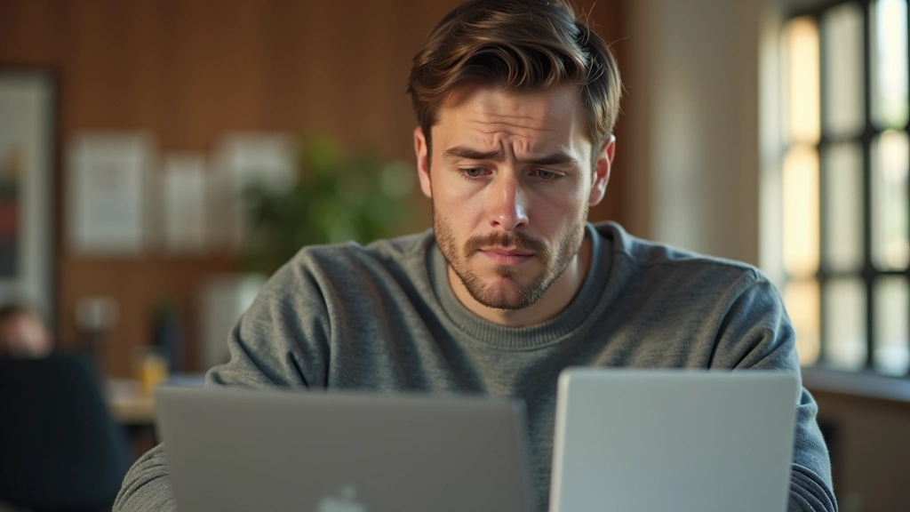 Person sitting at desk with hands on face, tired expression, laptop in background, warm afternoon lighting