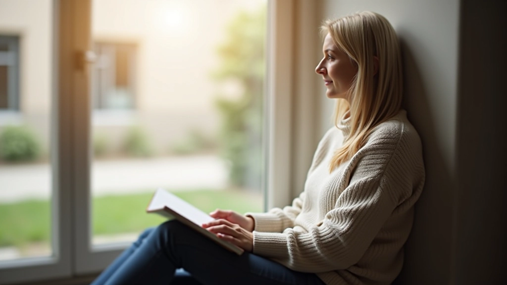 Person sitting on window sill with book in lap, looking outside, natural daylight, peaceful expression, comfortable clothing