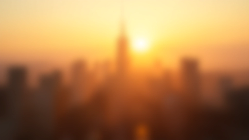 Sunrise over city skyline, warm morning light, peaceful atmosphere representing start of day and peak energy hours