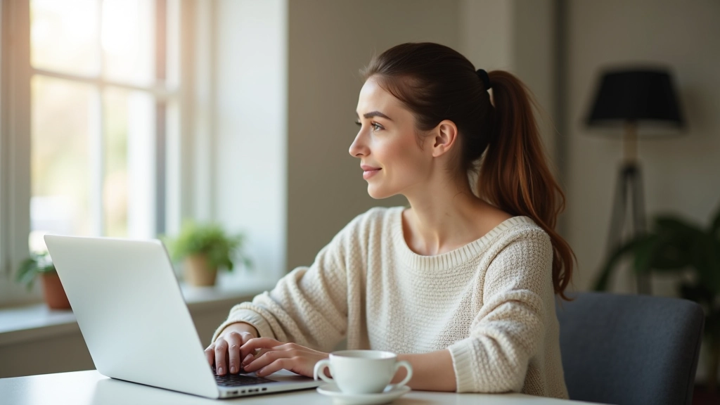 Woman sitting at desk with laptop closed, coffee mug in hand, looking thoughtfully out window during work break